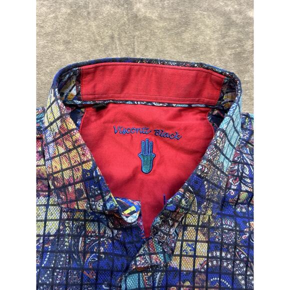 Visconti Black Shirt Mens‎ Small Blue Paisley Windowpane Long Sleeve Button Up - Picture 3 of 6